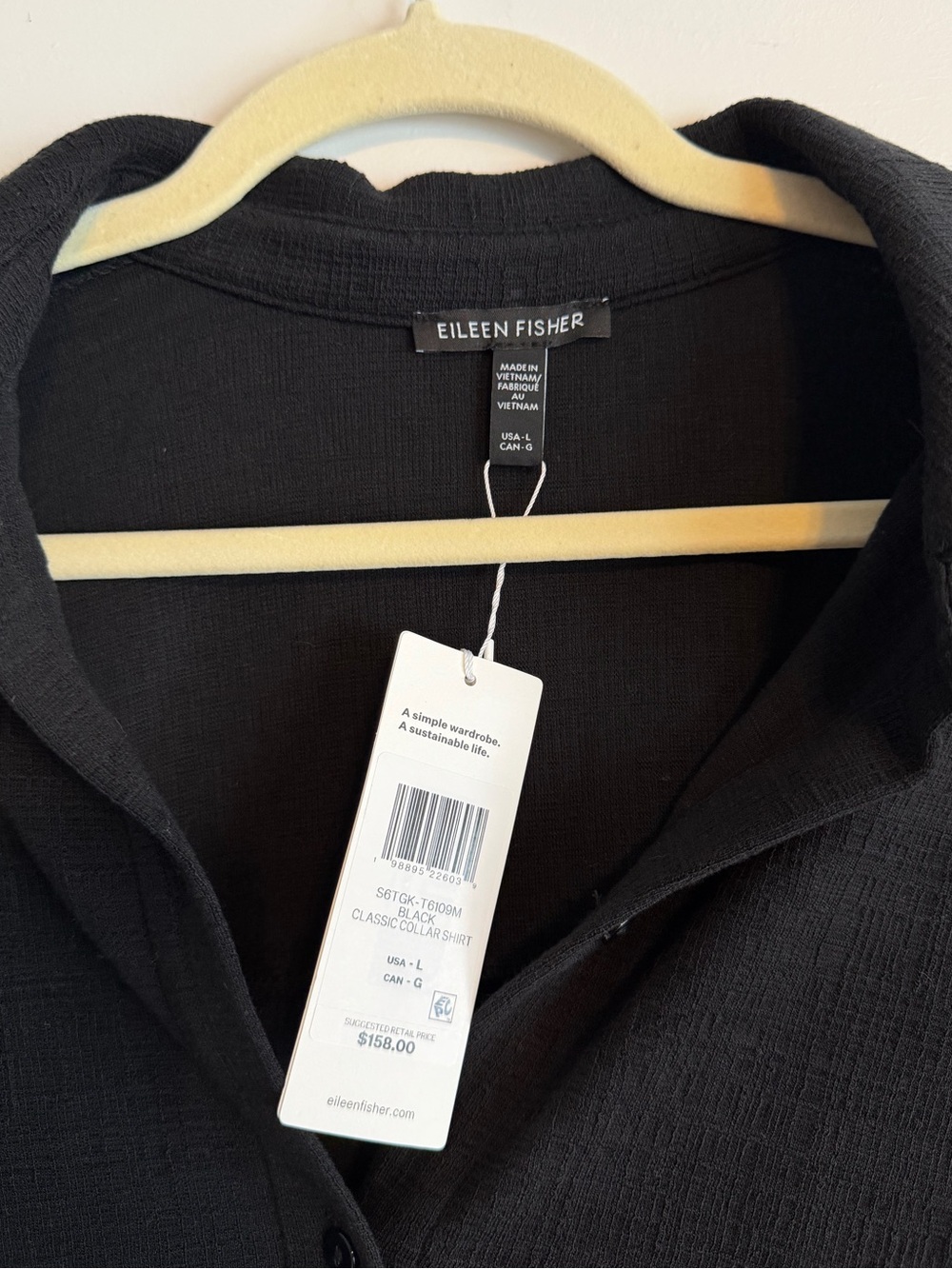 Eileen Fisher Black Cross Hatch Stretch Jersey Classic Collar Shirt - Picture 4 of 6